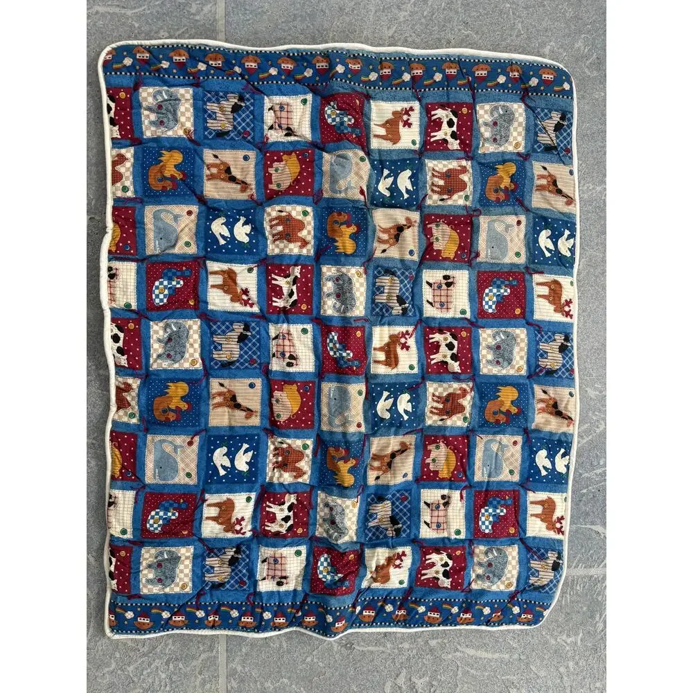 Vintage Baby Blanket Noah's Ark Farm Animals Patchwork Cot/Lap Quilt